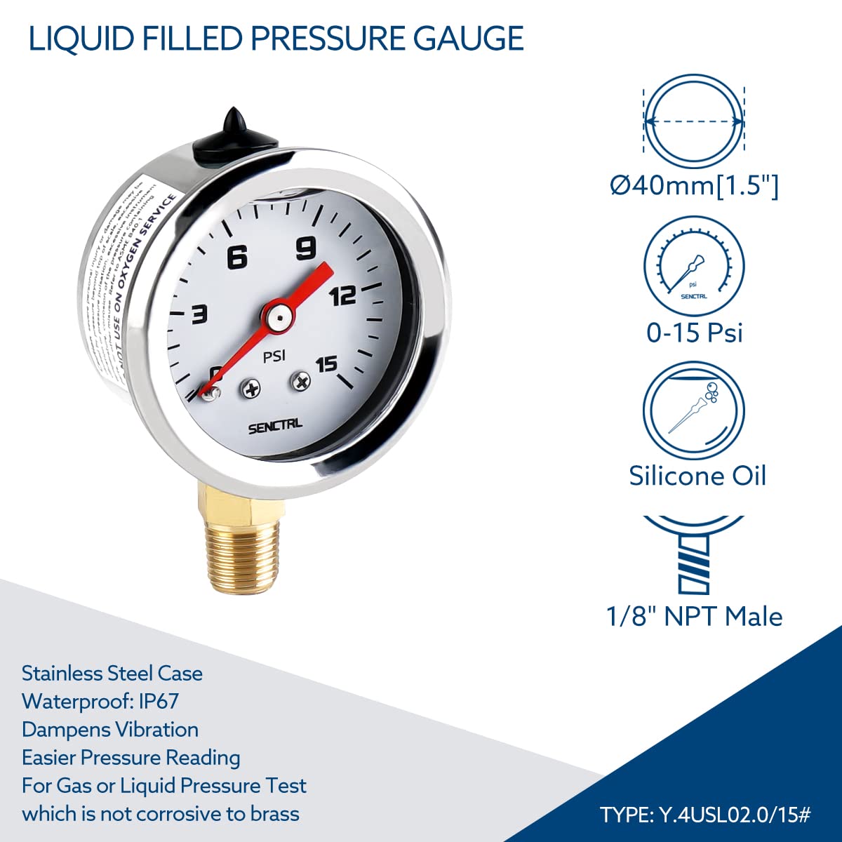 SENCTRL 0-15 Psi Fuel Pressure Gauge, 1/8" NPT Lower Mount