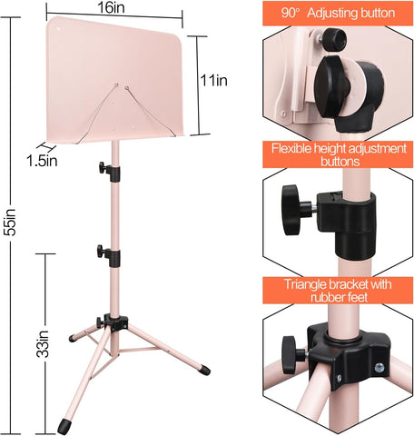 Mdvora 1 Pack Adjustable Pink Sheet Music Stand, with Carry Bag Clip Holder