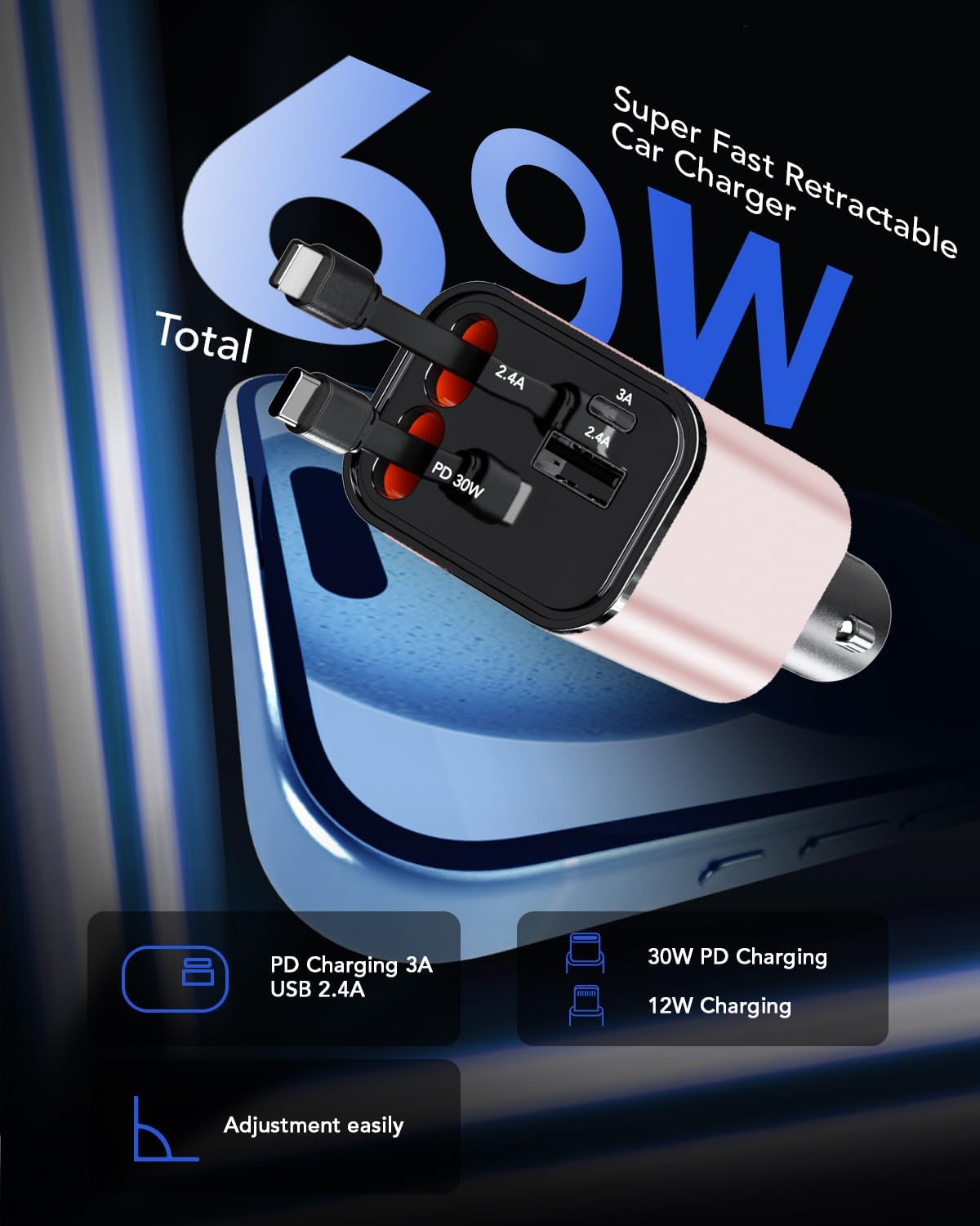 84W Retractable Car Charger,Car Phone Charger USB C Fast Charge for iPhone