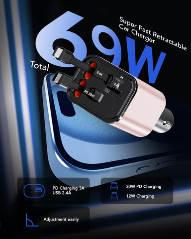 84W Retractable Car Charger,Car Phone Charger USB C Fast Charge for iPhone