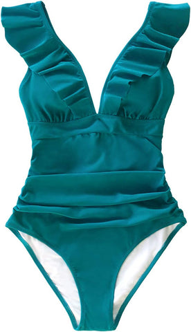 CUPSHE Women's One Piece Swimsuit V Neck Bathing Suit Ruched Tummy