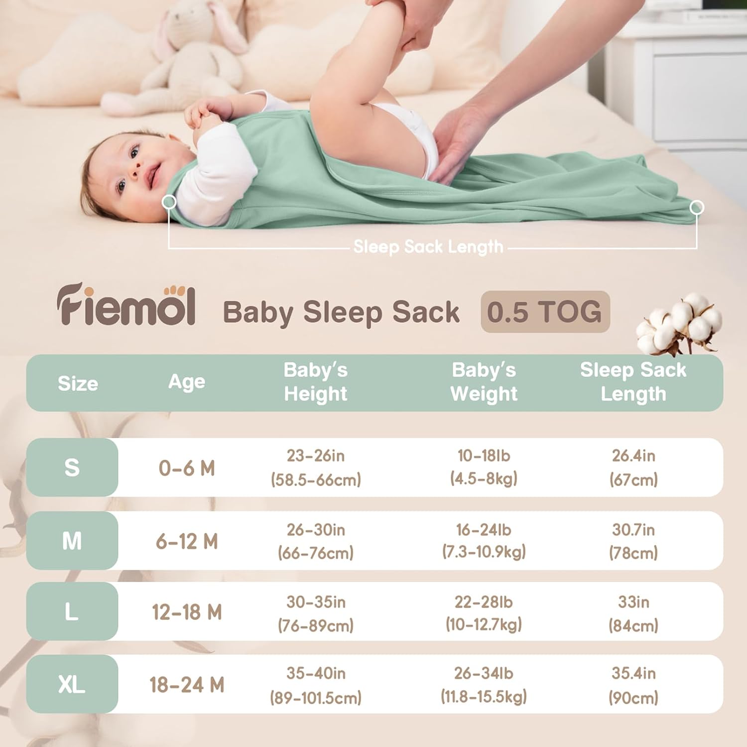 Baby Sleep Sack 0-6 Months 0.5 Tog Soft Sleeping Bag 100% Cotton