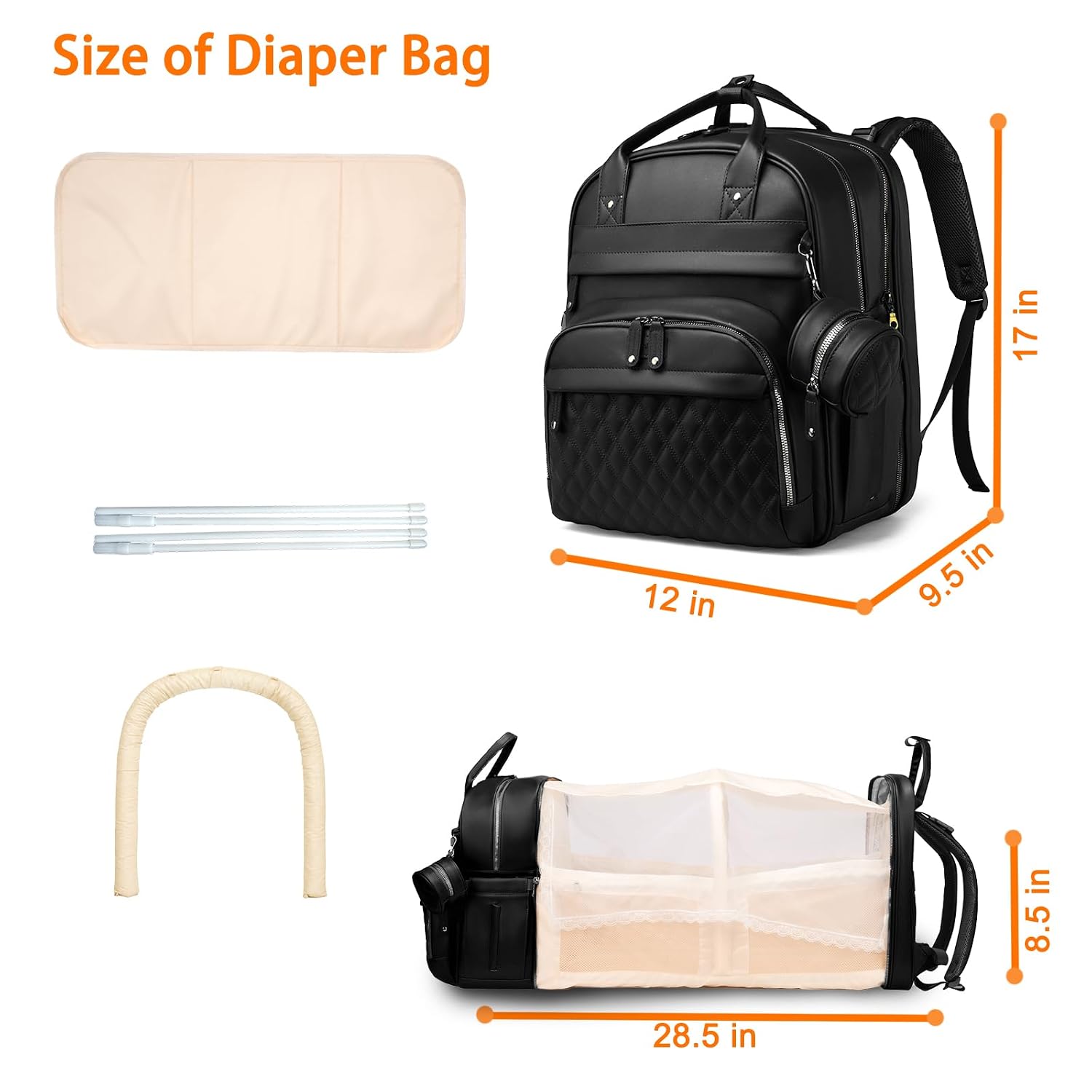 Astro alan Diaper Bag with Changing Station, Waterproof 3 in 1 Diaper Backpack with Foldable Changing Pad, Large Travel Backpack for Mom & Dad, Shower Gift for Baby Girl & Boy, Black