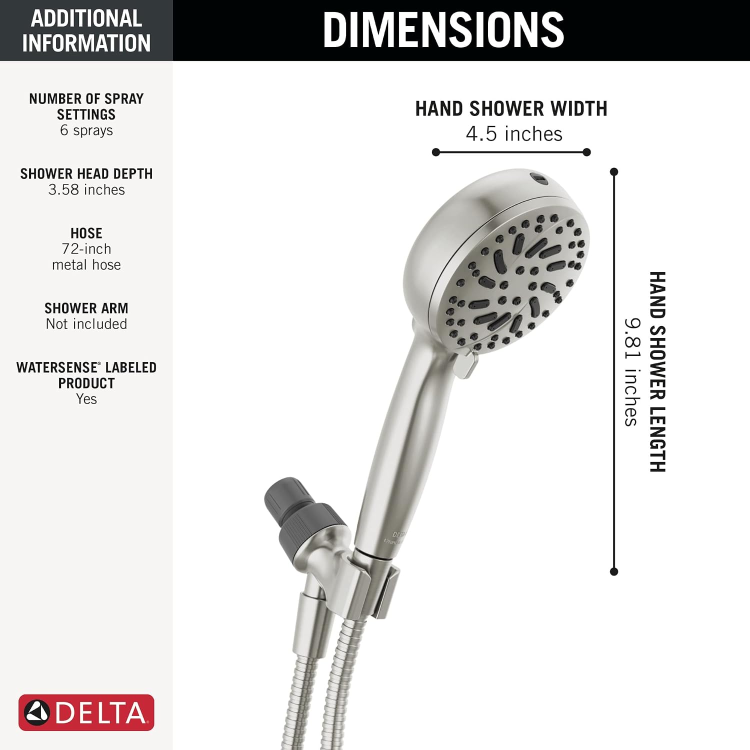 Delta Faucet ProClean Brushed Nickel Shower Head with Handheld, Showerhead with High Pressure Spray, Handheld Shower Head, 6 Spray Settings, SpotShield Brushed Nickel 75740SN