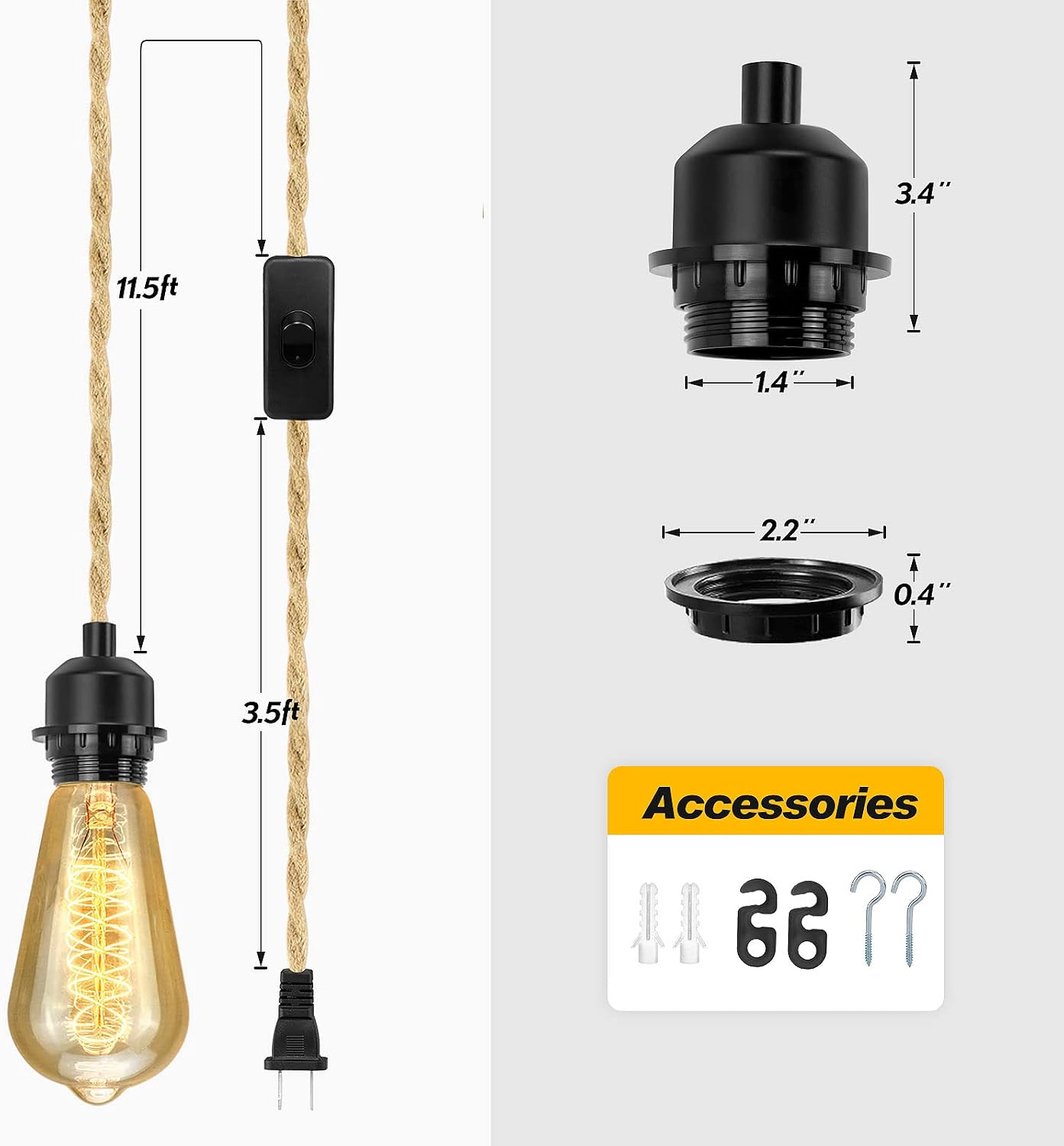 2Pack Plug in Pendant Light Cord, 15FT Hanging Lights Cord, DIY Lamp Kit