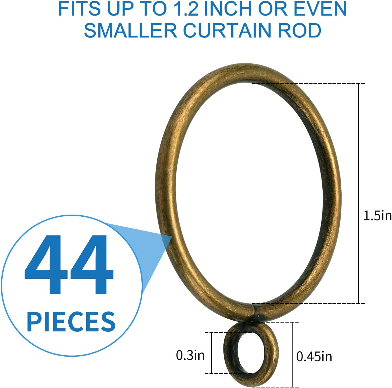 44 Pack Curtain Rings with Eyelets, Metal Drapery Rings for Pinch Pleat Curtains, Drape Ring 1.5 Inch I D, Fits Up to 1.2 in Rod (Bronze)