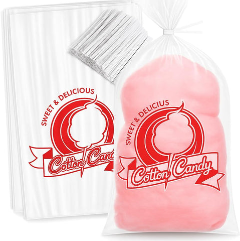 Tafura Cotton Candy Bags with Ties, 100 Pack, Clear Printed Bags