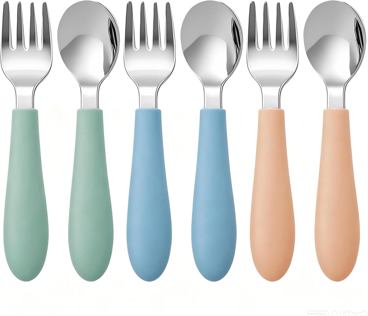 Pimoys Toddler Fork and Spoon Set, 6-Piece Stainless Steel, 3 Colors