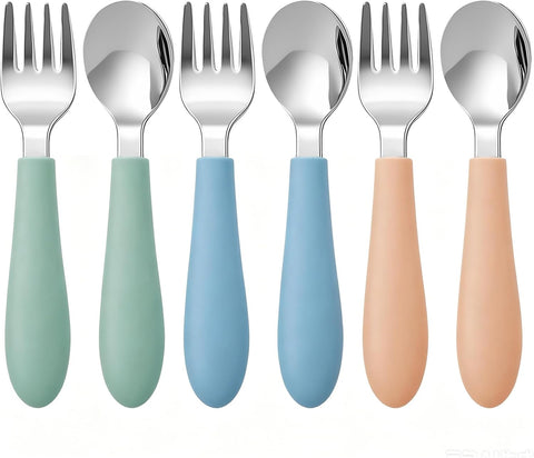 Pimoys Toddler Fork and Spoon Set, 6-Piece Stainless Steel, 3 Colors