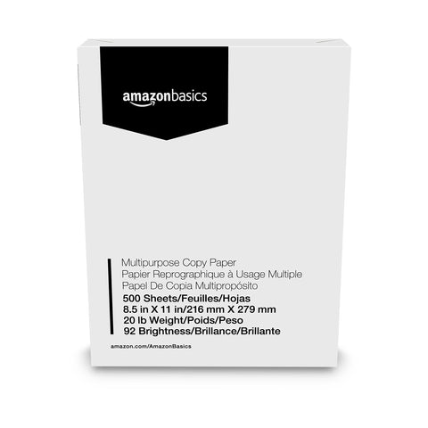 Amazon Basics Multipurpose Copy Printer Paper, 8.5" x 11", 20 lb, 5 Reams, 2500 Sheets, 92 Bright, White