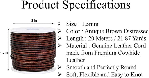 GENIQUE Real/Genuine Round Leather Cord for Jewelry Making, Leather String for Necklace, Bracelets, Braiding (1.5mm, Antique Brown Distressed)