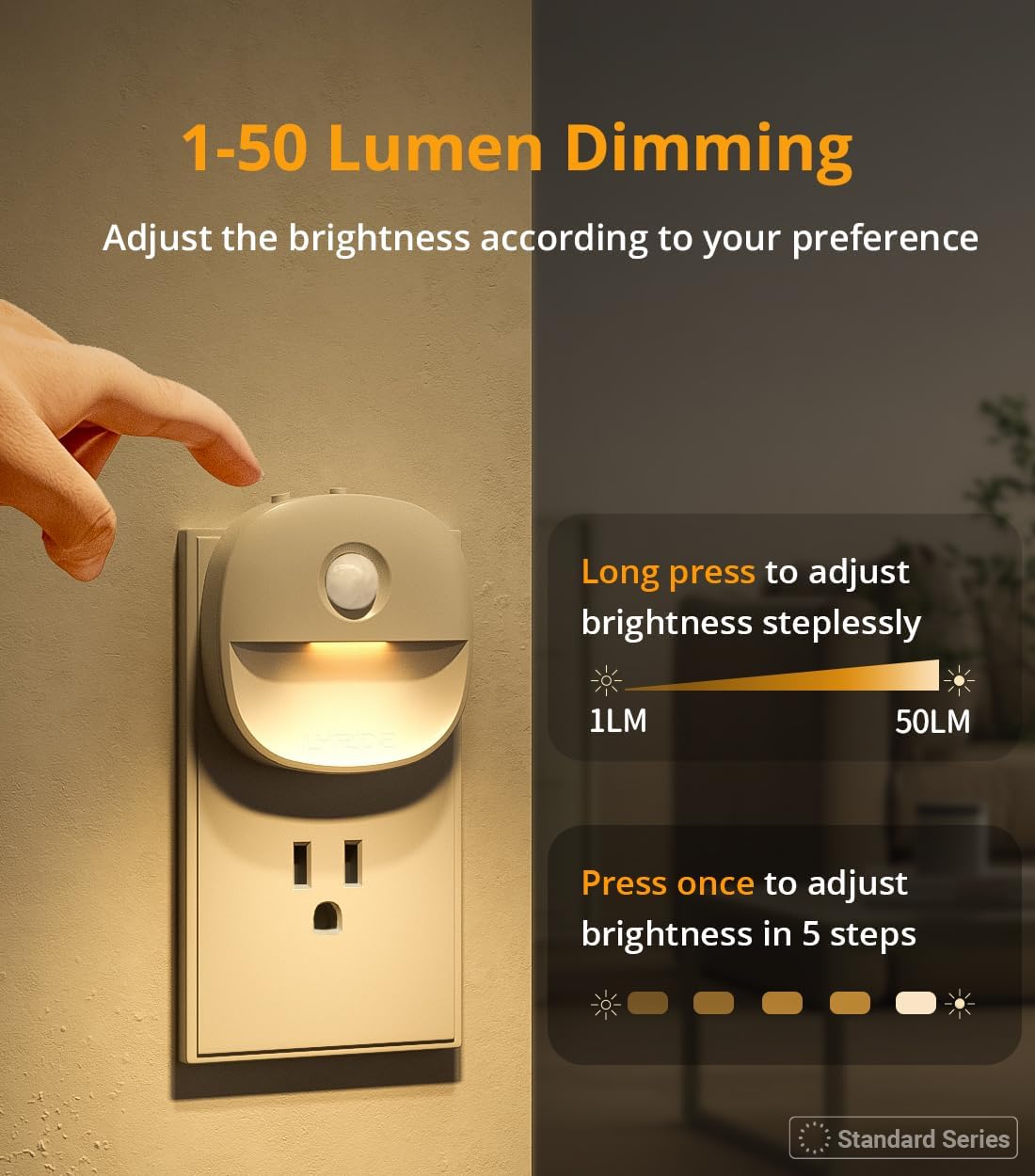 Lyridz Plug in Night Light with Motion Sensor and Dusk to Dawn Sensor, Dimmable Warm Nightlight with 1-50lm Adjustable Brightness Indoor for Bedroom, Bathroom, Stairs, Hallway, 2 Pack