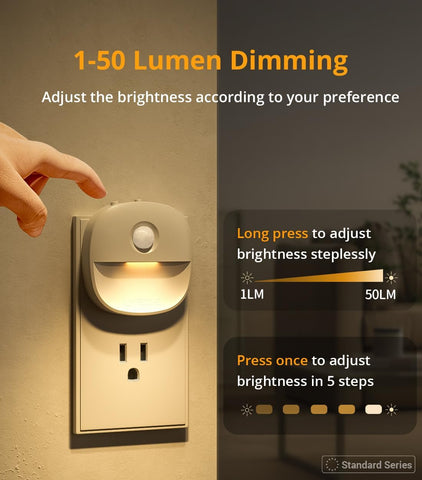 Lyridz Plug in Night Light with Motion Sensor and Dusk to Dawn Sensor, Dimmable Warm Nightlight with 1-50lm Adjustable Brightness Indoor for Bedroom, Bathroom, Stairs, Hallway, 2 Pack
