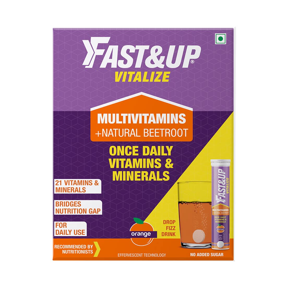 Fast & Up Vitalize Multivitamin Supplement - One Daily - 21 Vitamins and Minerals - Natural Beetroot Extract for Men and Women - 60 Effervescent Tablets - Orange Flavour