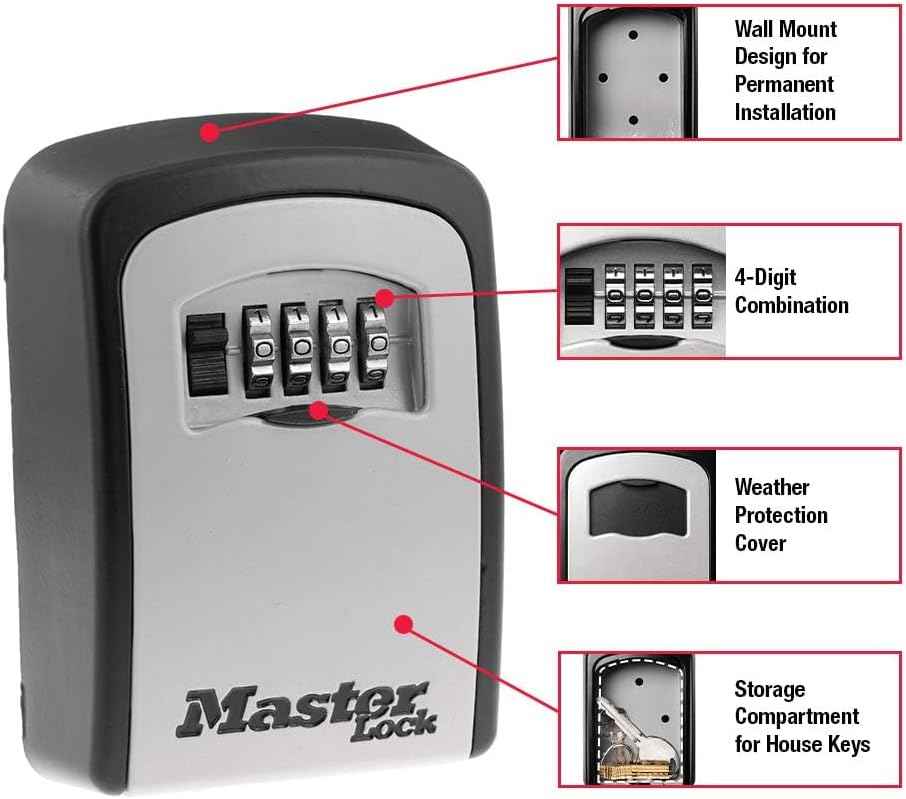 Master Lock Combination Wall Mount Key Lock Box Holds 5 Keys, Black, 5401EC | Wall Mounted Key Lock Box For Realtors, Landlords, Property Managers For Secure Key Storage, Resettable 4-digit Code
