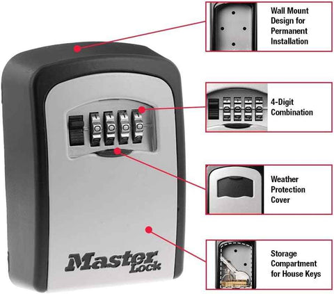 Master Lock Combination Wall Mount Key Lock Box Holds 5 Keys, Black, 5401EC | Wall Mounted Key Lock Box For Realtors, Landlords, Property Managers For Secure Key Storage, Resettable 4-digit Code