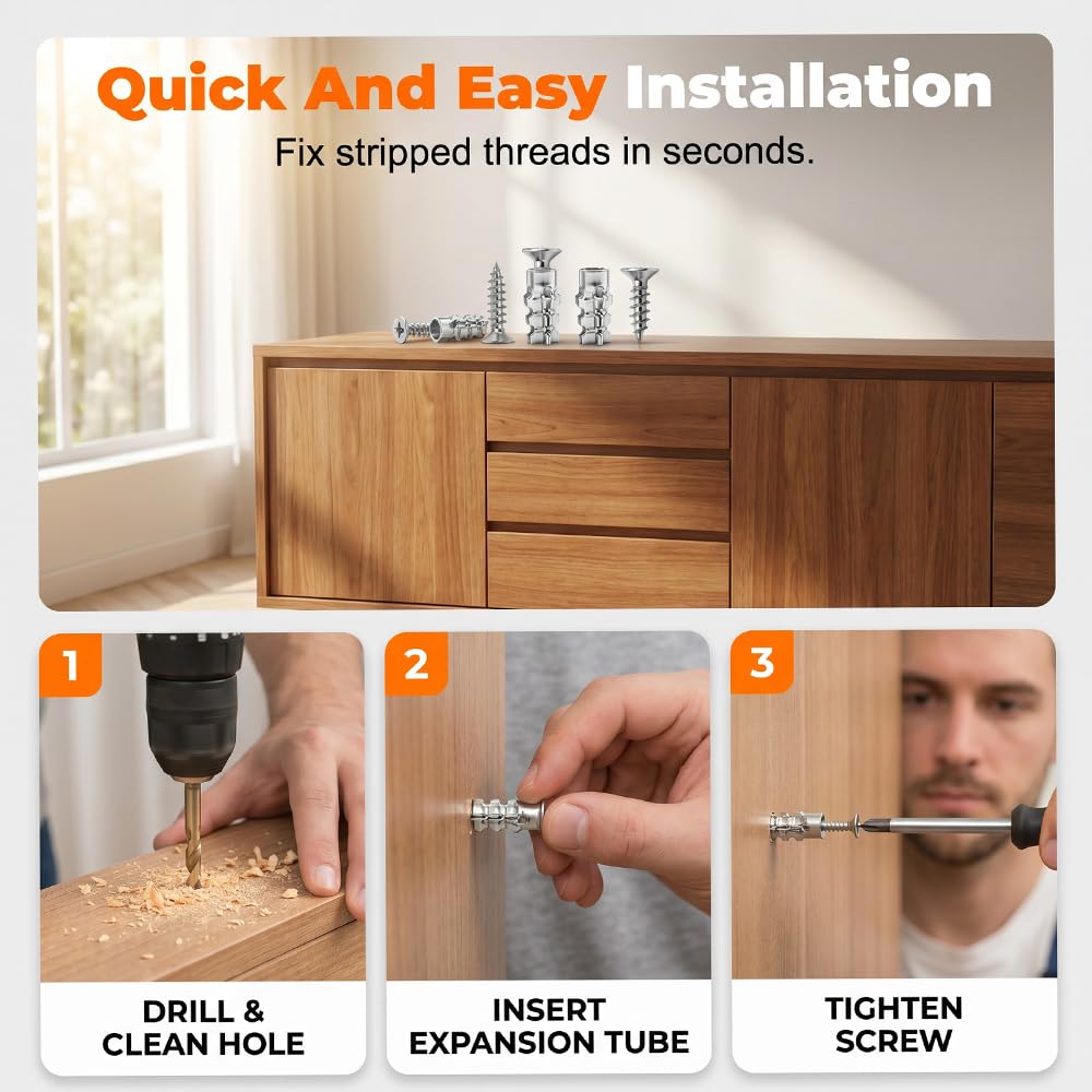 6×14mm Short Expansion Screw Set, Door Hinge Thread Repair Screws, Short Expansion Wall Anchors for Cabinet Hinge Repair & Stripped Thread Restoration (30)