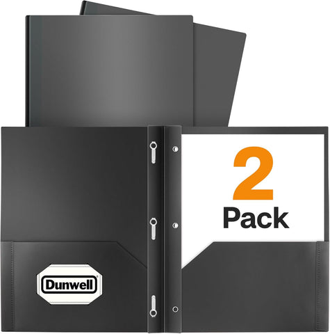 Dunwell Plastic 2-Pocket Folders with 3 Prongs, Black, 2 Pack, Poly