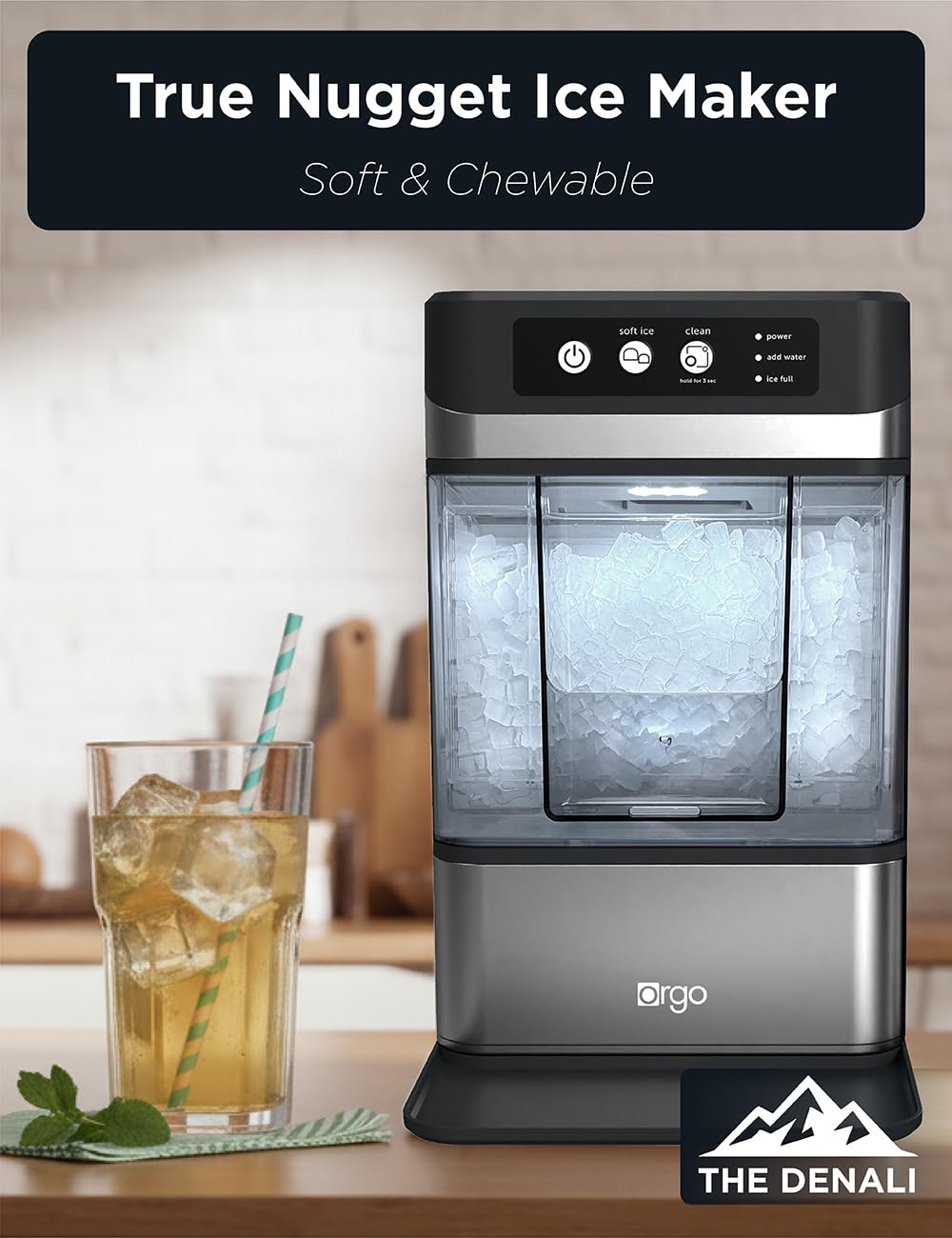 Orgo The Denali Countertop Ice Maker, Makes 50 lbs. in 24 Hours, Stainless Steel Ice Maker, Nugget-Shaped Ready in 8-10 Minutes, Self-Cleaning, Includes Scoop, RDC4733, Black
