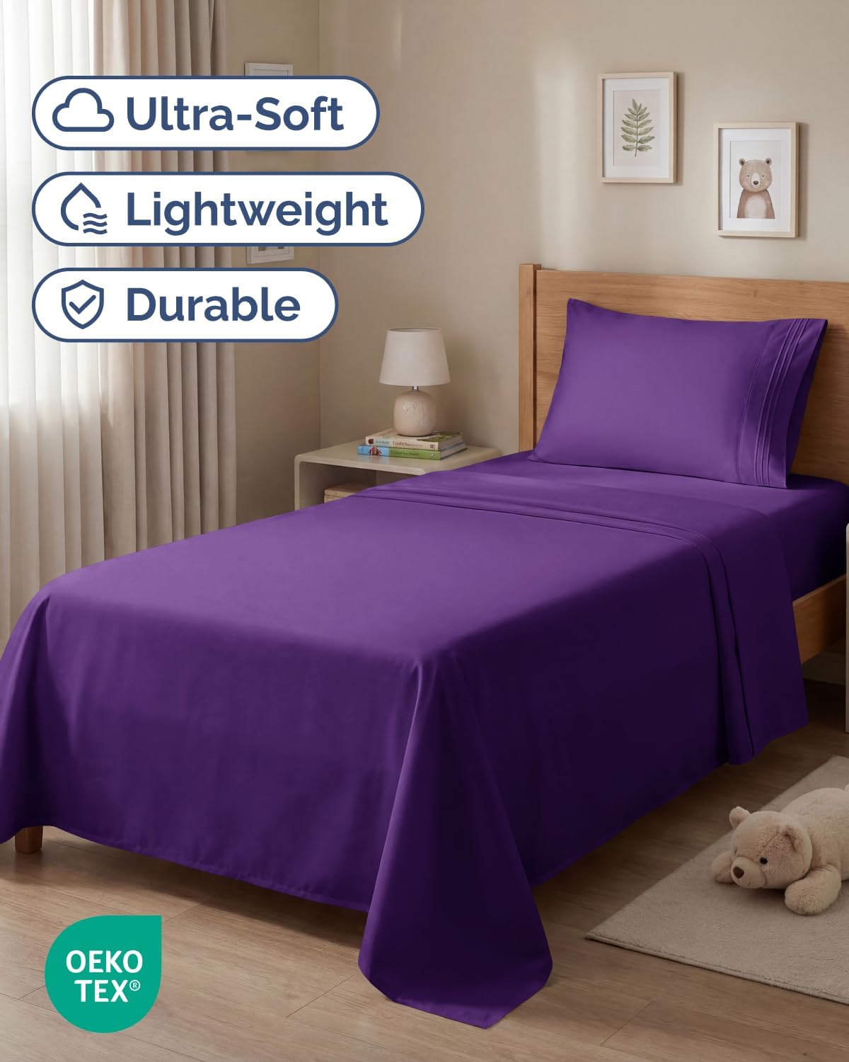 Twin Size 3 Piece Sheet Set - Comfy Breathable & Cooling Sheets - Purple