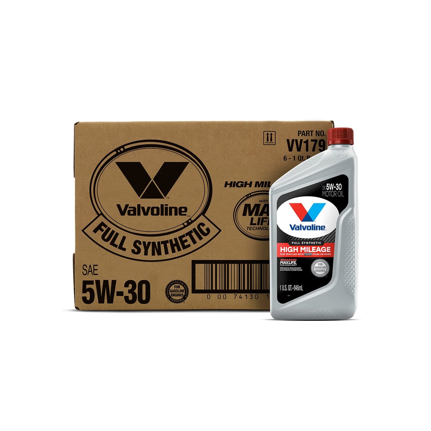 Valvoline Full Synthetic High Mileage with MaxLife Technology SAE 5W-30 Motor Oil 1 QT, Case of 6