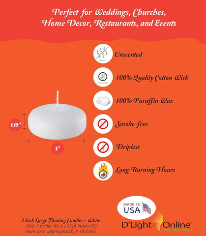 D'light Online Large White Floating Candles 3 Inch Wax Discs for Events, Weddings, Spa, Home Decor, Special Occasions, Cylinder Vases, Centerpieces, Pool and Holidays (Large - 3" (Set of 36), White)