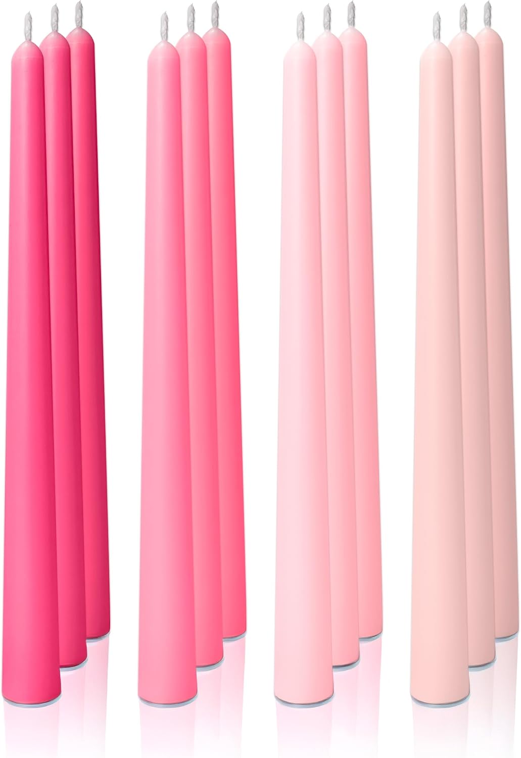 12pk 10" Classic Taper Candles, Pink Shades, 7-8 Hours Long Burning, Unscented Tall Candlesticks