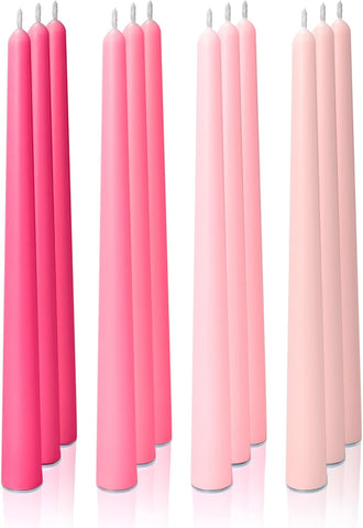 12pk 10" Classic Taper Candles, Pink Shades, 7-8 Hours Long Burning, Unscented Tall Candlesticks