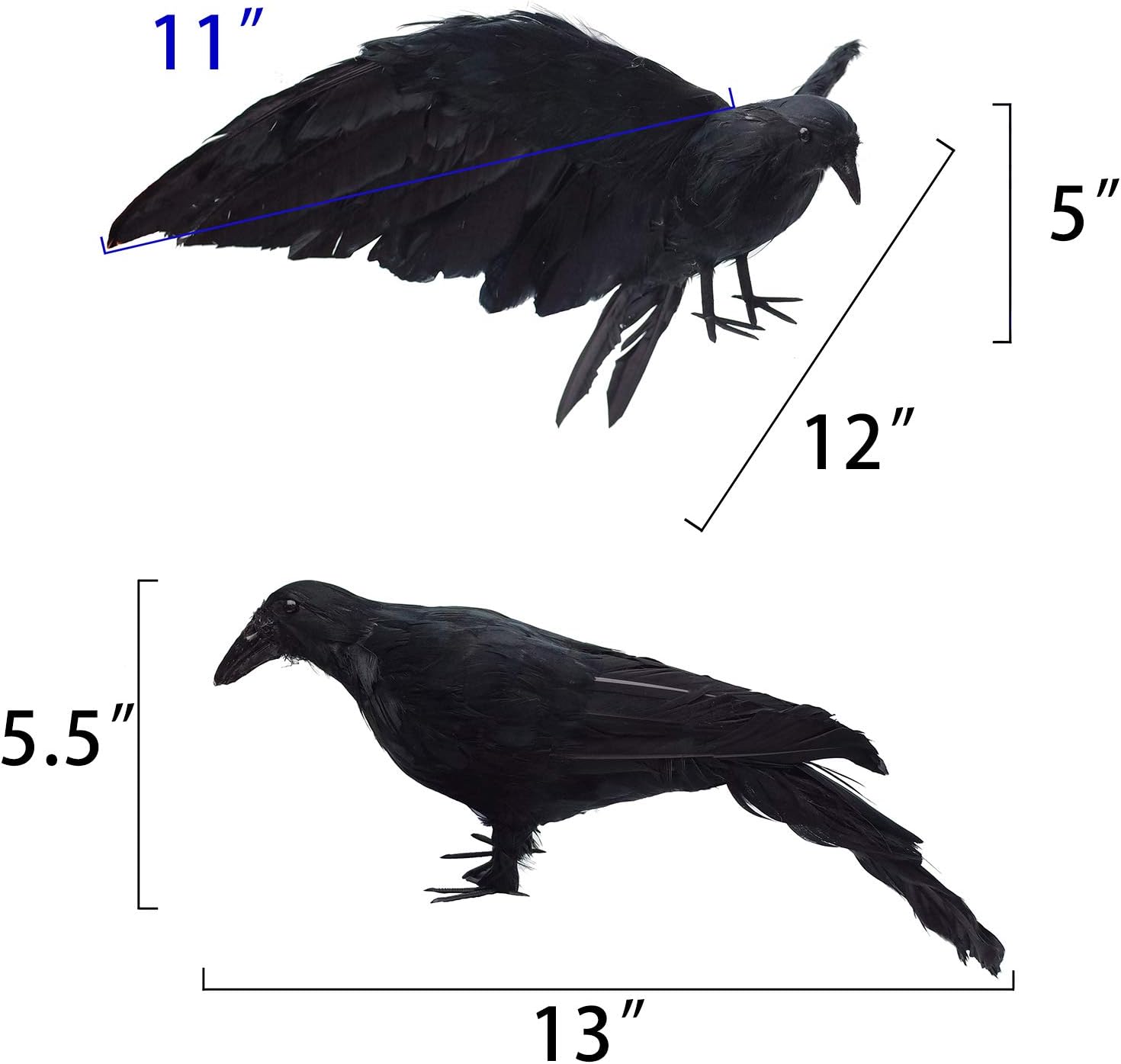 Etistta 2-Pack Realistic Crows Lifesize Extra Large Handmade Black Feathered Crow for Halloween Decorations Birds, L (13 inch+12 inch)