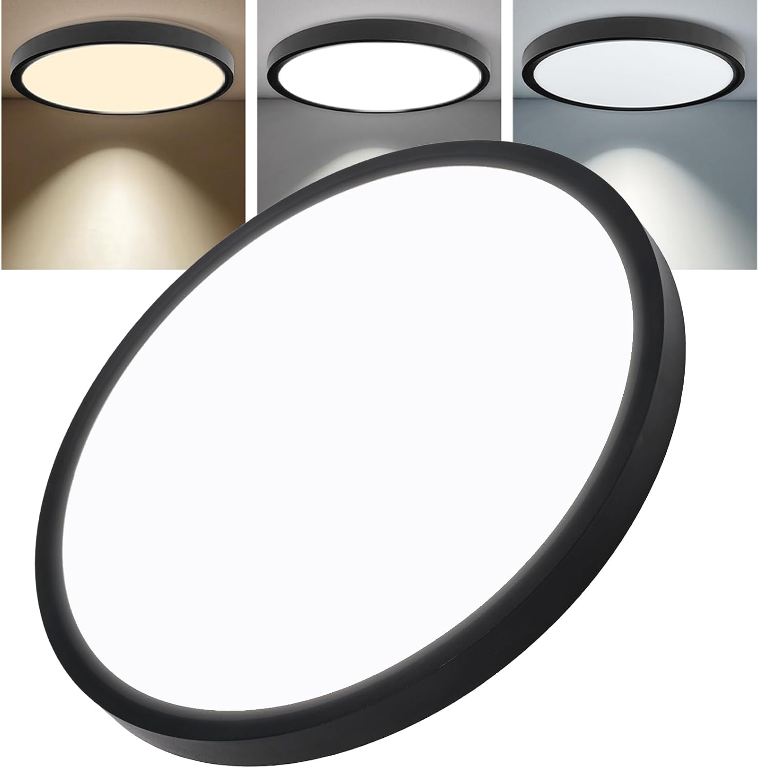 12 Inch Hardwired Dimmable LED Flush Mount Ceiling Light Fixtures, 24W 2640LM 3000K/4000K/5000K, House Upgrade Led Lights for Bedroom Hallway Laundry Room Rental Units, 240W Equiv., Black