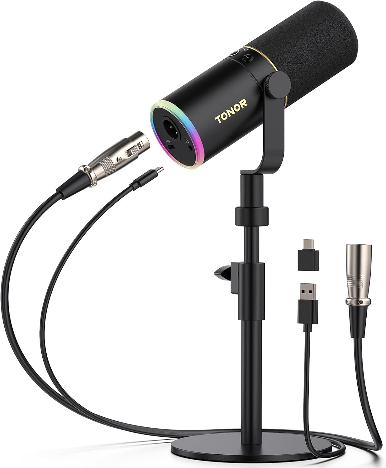 TONOR Dynamic Podcast Microphone, XLR/USB Mic for Recording, Streaming, XLR Cardioid Studio Mic with Quick Mute, Volume Control, 200 cm/78inch Cable, with RGB and Desktop Stand, Black, TD520S