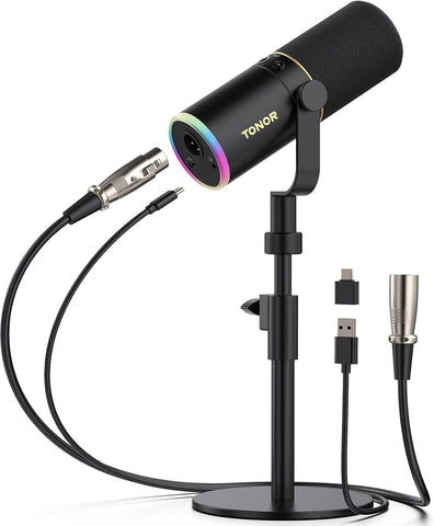 TONOR Dynamic Podcast Microphone, XLR/USB Mic for Recording, Streaming, XLR Cardioid Studio Mic with Quick Mute, Volume Control, 200 cm/78inch Cable, with RGB and Desktop Stand, Black, TD520S