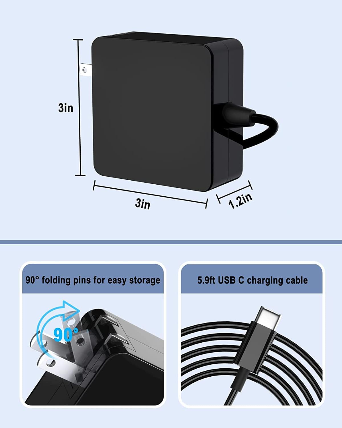 65W USB C Power Adapter, PDUSBSZ Type C Power PD Wall Fast Charger Compatible with Mac Book Pro, Dell Latitude, Lenovo, Huawei Matebook, HP Spectre, Acer Chromebook and Any Laptops or Smart Phones