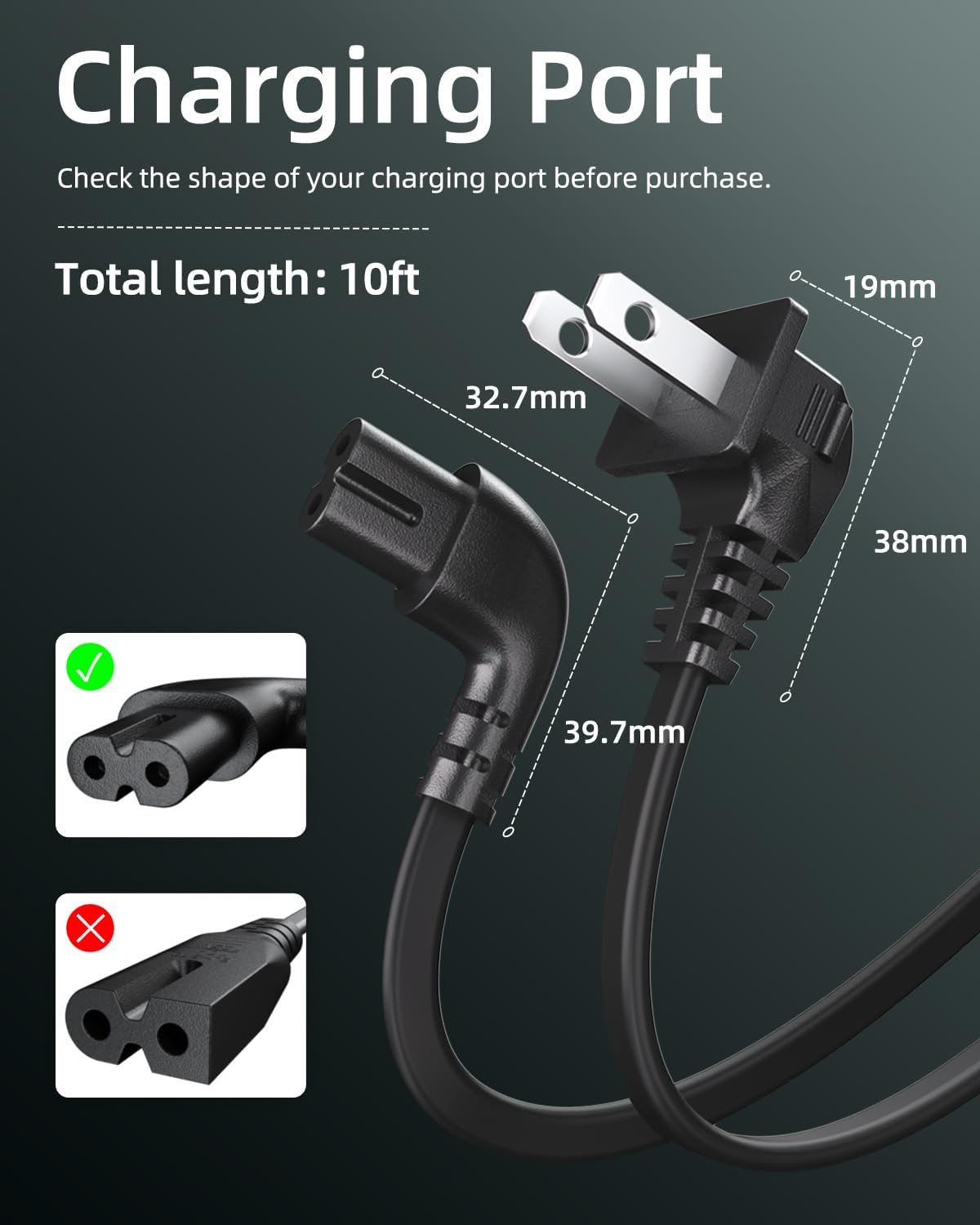 Superer 2-Pack 10FT 90 Degree L-Shaped AC TV Power Cord 2-Prong Replacement