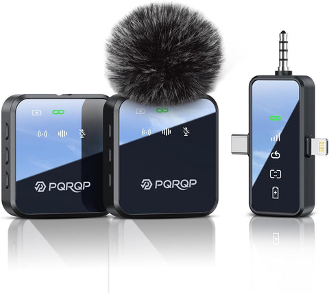 PQRQP 3 in 1 Wireless Lavalier Microphone for iPhone Android & Camera, Mini Clip-On Mic for Video Recording TikTok YouTube Interview, Noise Cancelling, 328ft Range, 18H Battery