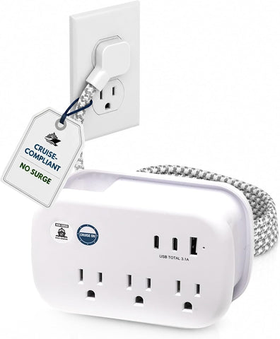 Cruise Approved Power Strip Non Surge Protector - 3.3 ft Wrapped Travel Extension Cord, 2 USB-C, 1 USB, 3 AC Outlet, Cruise Ship Essentials for Carnival, Princess & Major Lines in 2026 & 2027