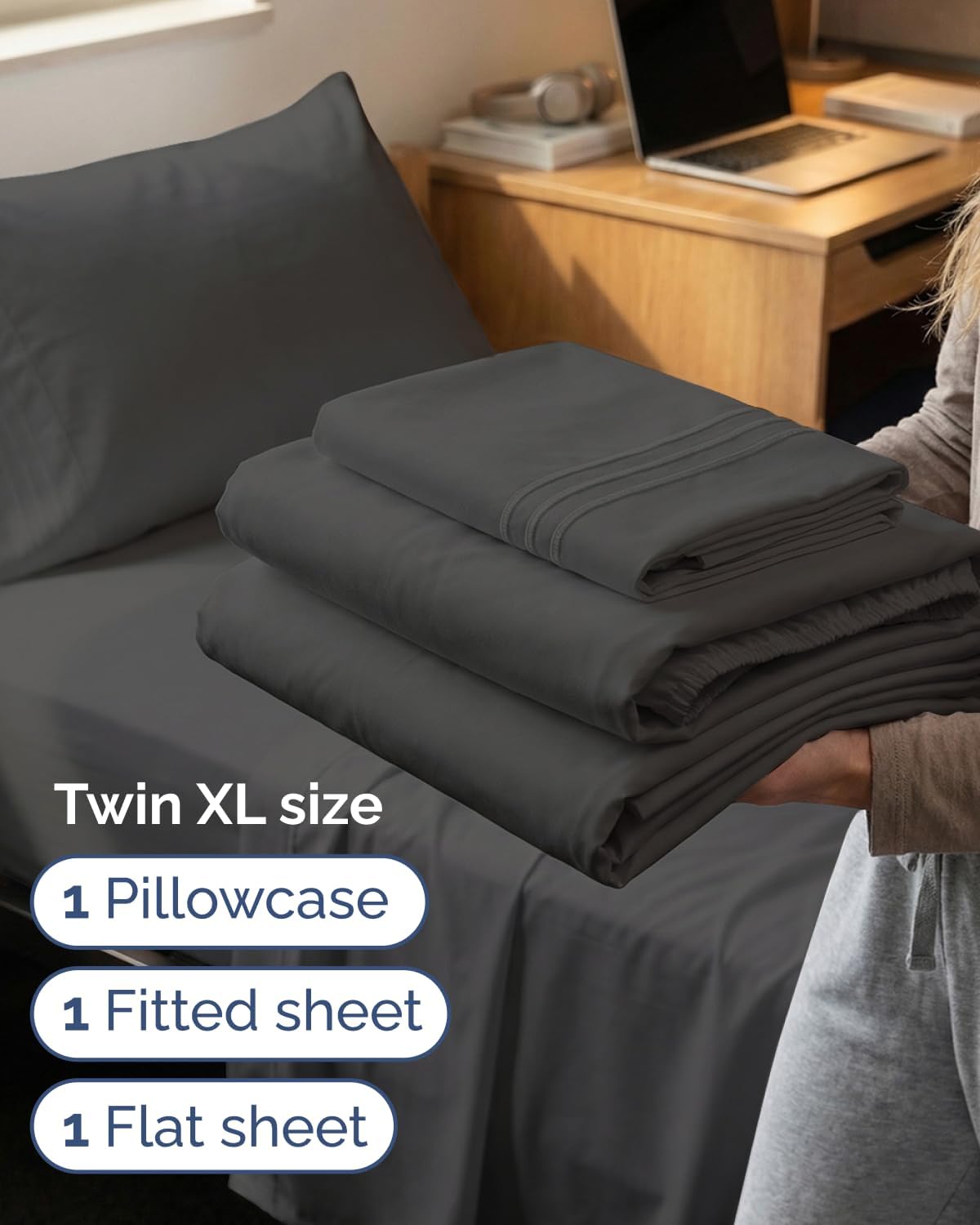 Twin XL 3 Piece Sheet Set - College Dorm Room Essentials - Charcoal