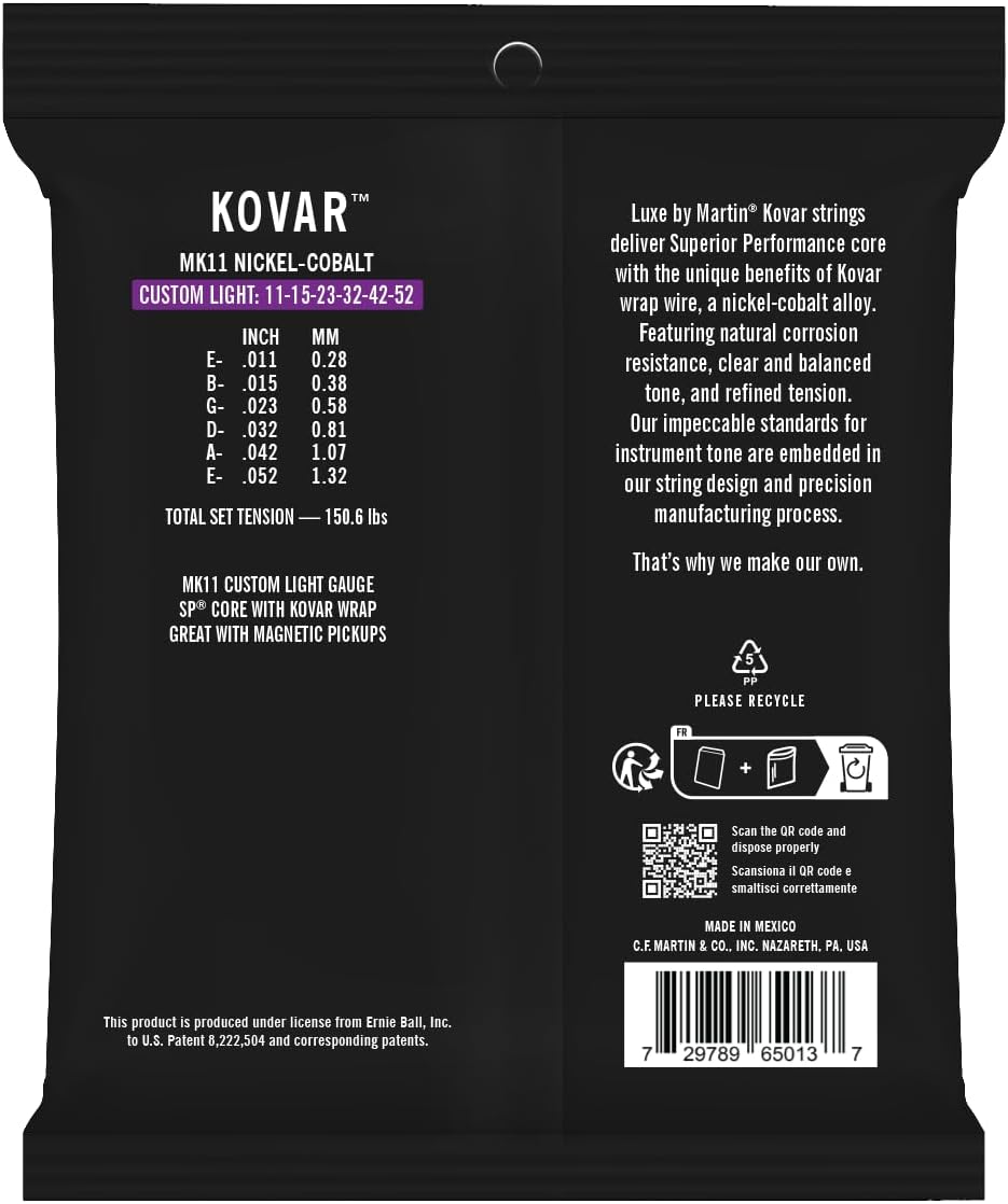 LUXE BY MARTIN® Kovar™ SP® Core Guitar Strings – Custom Light Gauge | Nickel-Cobalt Alloy Wrap with SP Core | Lower Tension, Balanced Tone, and Long-Lasting Performance