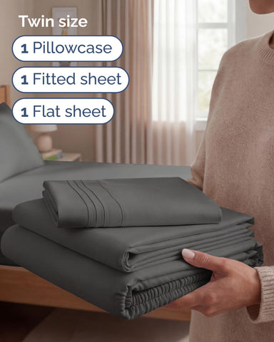 Twin Size 3 Piece Sheet Set - Comfy Breathable & Cooling Sheets - Charcoal