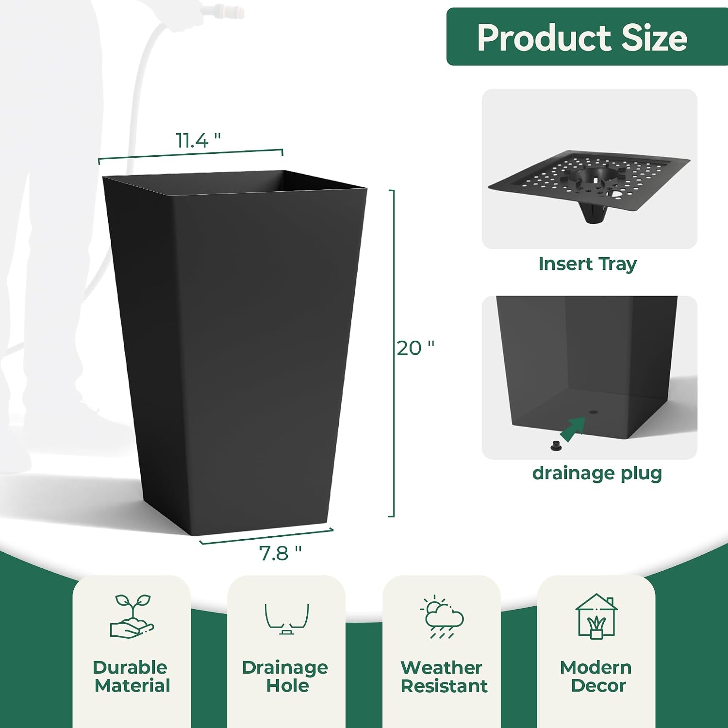 Worth 20" Tall Planters Set of 2, Black Tall Plant Pots for Indoor Outdoor