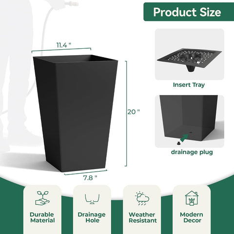 Worth 20" Tall Planters Set of 2, Black Tall Plant Pots for Indoor Outdoor