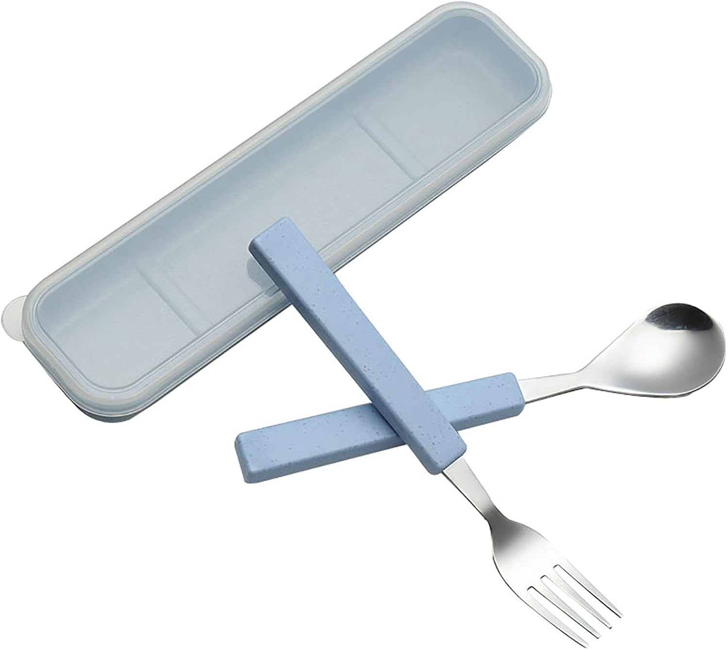 VANRA 2-Piece Children Flatware Set 18/10 Stainless Steel Child Tableware Set Silver Cutlery Set Silverware Dinner Utensils Spoon Fork Set with Travel Case for Kids (Chrome Finished) (Blue)
