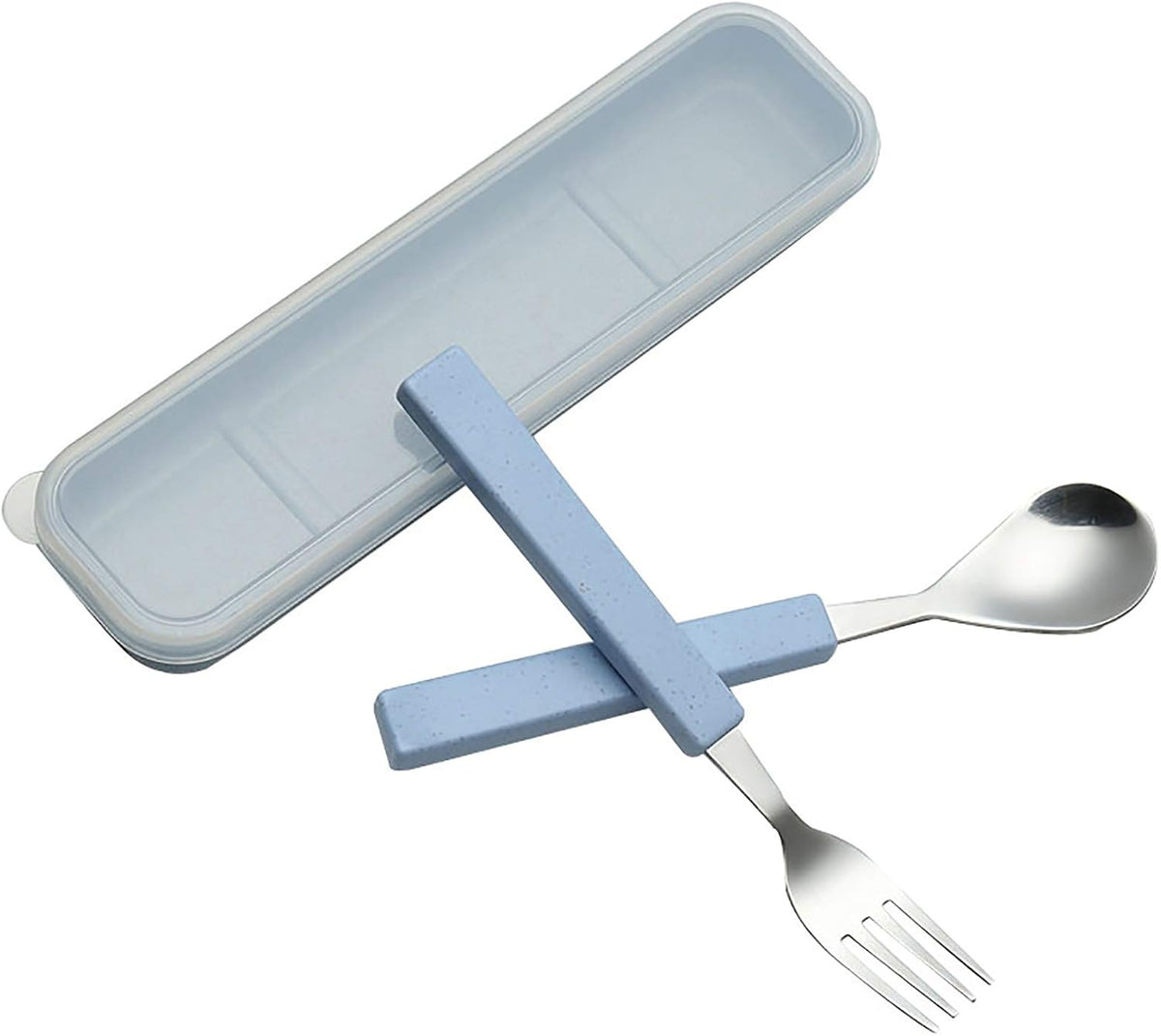 VANRA 2-Piece Children Flatware Set 18/10 Stainless Steel Child Tableware Set Silver Cutlery Set Silverware Dinner Utensils Spoon Fork Set with Travel Case for Kids (Chrome Finished) (Blue)