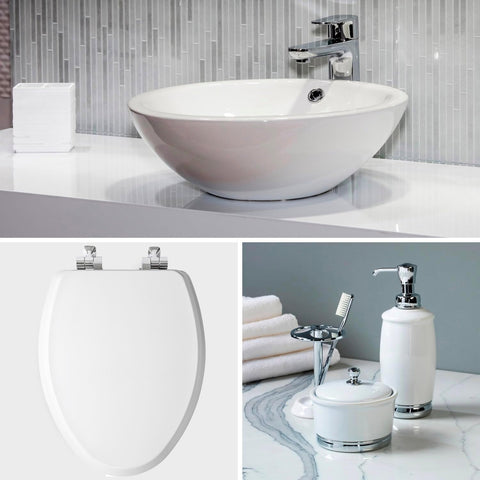 Mayfair Bennett Toilet Seat with Chrome Hinges, Slow Close Wood Seat, Secure Metal Hinges, Easy Install, Made in USA, Elongated, White
