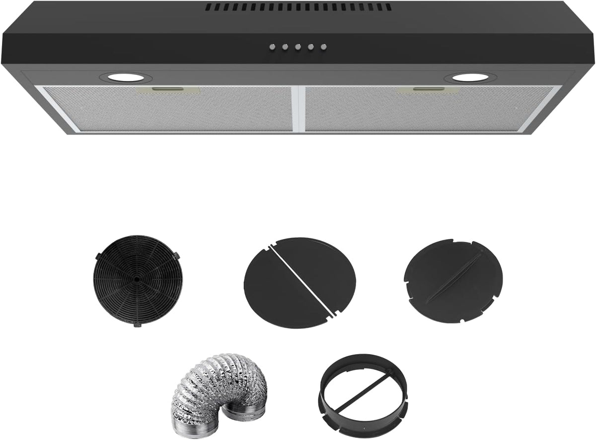30 Inch Under Cabinet Range Hood, Ducted/Ductless Convertible Kitchen Vent Hood, Stainless Steel Stove Vent Hood in Black Finish, LED Light,3 Speed Exhaust Fan, Button Control, 300CFM