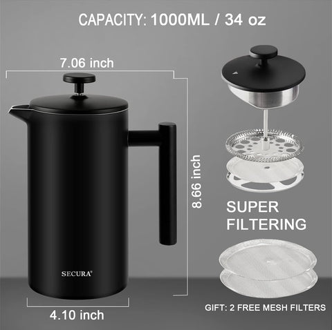 Secura French Press Coffee Maker, 304 Grade Stainless Steel Insulated Coffee Press with 2 Extra Screens, 34oz (1 Litre), Black