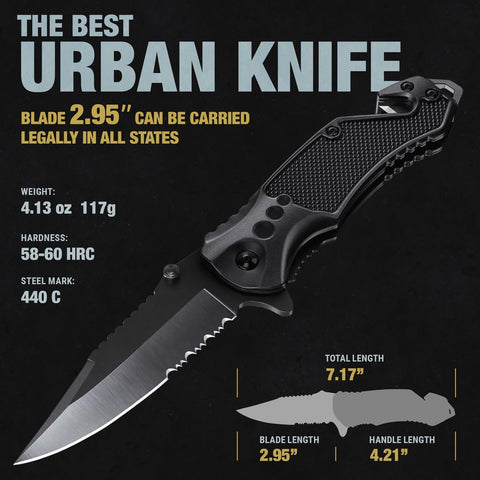 GOOD WORKER Legal Pocket Knife with 2.95” Serrated Blade, Glass Breaker, Seat Belt Cutter - EDC Sharp Folding Knives with Portable Clip - Small Tool for Tactical Camping Survival Hiking - Gifts for Men, Women