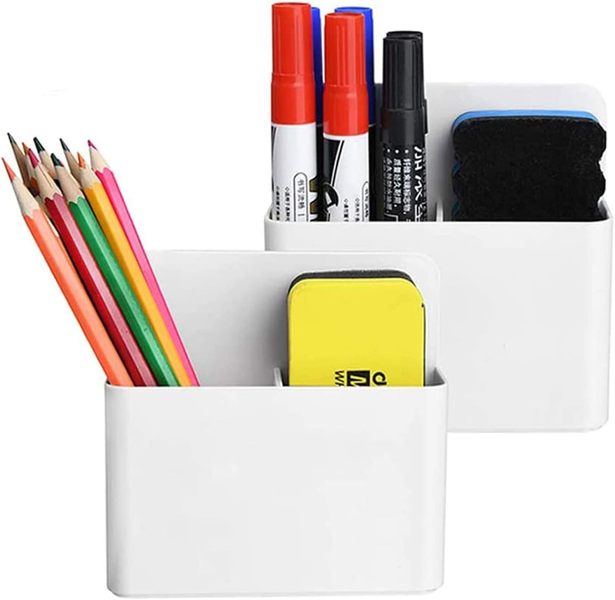Marbrasse Magnetic Dry Erase Marker Holder,Pen and Eraser Holder for Whiteboard，Magnet Pencil Cup Utility Storage Organizer for Office, Refrigerator, Locker and Metal Cabinets (2 Pack)