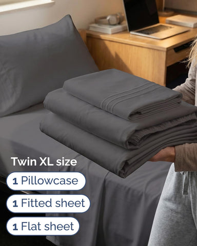 Twin XL 3 Piece Sheet Set - College Dorm Room Essentials - Dark Grey