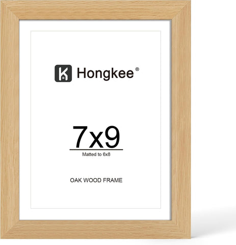 Hongkee 7x9 Oak Wood Picture Frame 1 Pack(Matted 6x8) with Real Glass Cover